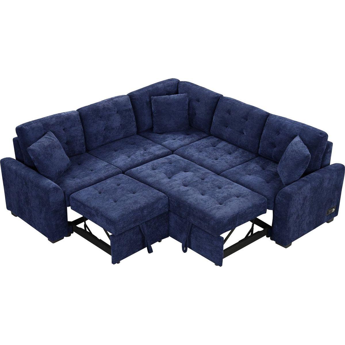82.6" L-shape Sofa Bed Pull-out Sleeper Sofa with Wheels, USB Ports, Power Sockets for Living Room, Navy Blue