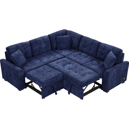 82.6" L-shape Sofa Bed Pull-out Sleeper Sofa with Wheels, USB Ports, Power Sockets for Living Room, Navy Blue
