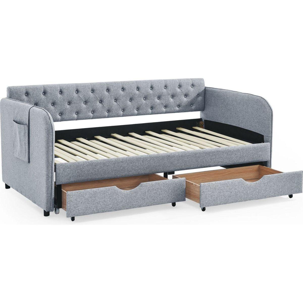 Twin Size Upholstery Daybed with Trundle Bed and Two Storage Drawers , Flat Arms with Pocket, Extendable Daybed for Bedroom Living Room,Linen Grey