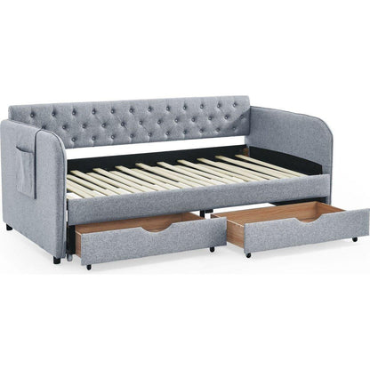 Twin Size Upholstery Daybed with Trundle Bed and Two Storage Drawers , Flat Arms with Pocket, Extendable Daybed for Bedroom Living Room,Linen Grey