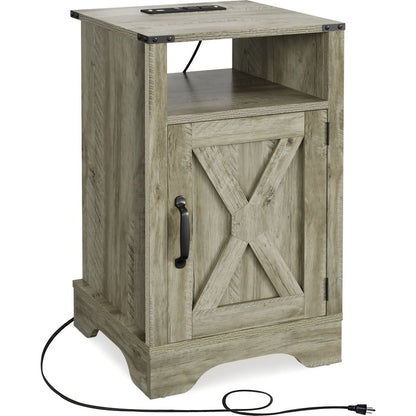 Farmhouse Nightstand Side Table, Wooden Rustic End Table, Tall Bedside Table with Electrical Outlets Charging Station - Light Grey