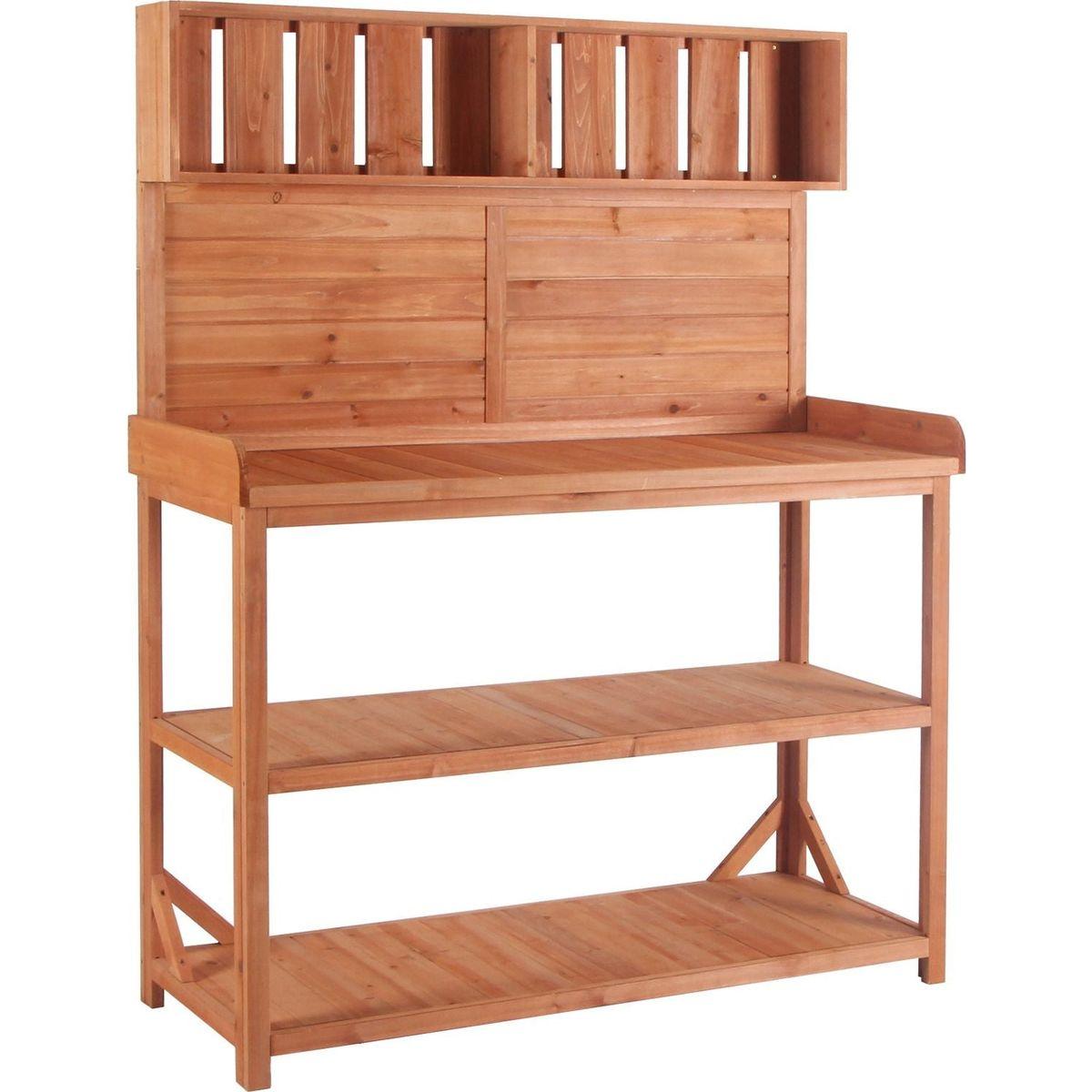 65" Large Wooden Farmhouse Rustic Outdoor Potting Bench Table, Patio Workstation, Garden Potting Bench with 4 Storage Shelves and Side Hook,Natural