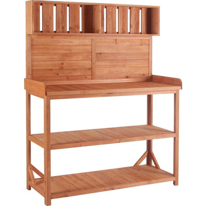 65" Large Wooden Farmhouse Rustic Outdoor Potting Bench Table, Patio Workstation, Garden Potting Bench with 4 Storage Shelves and Side Hook,Natural