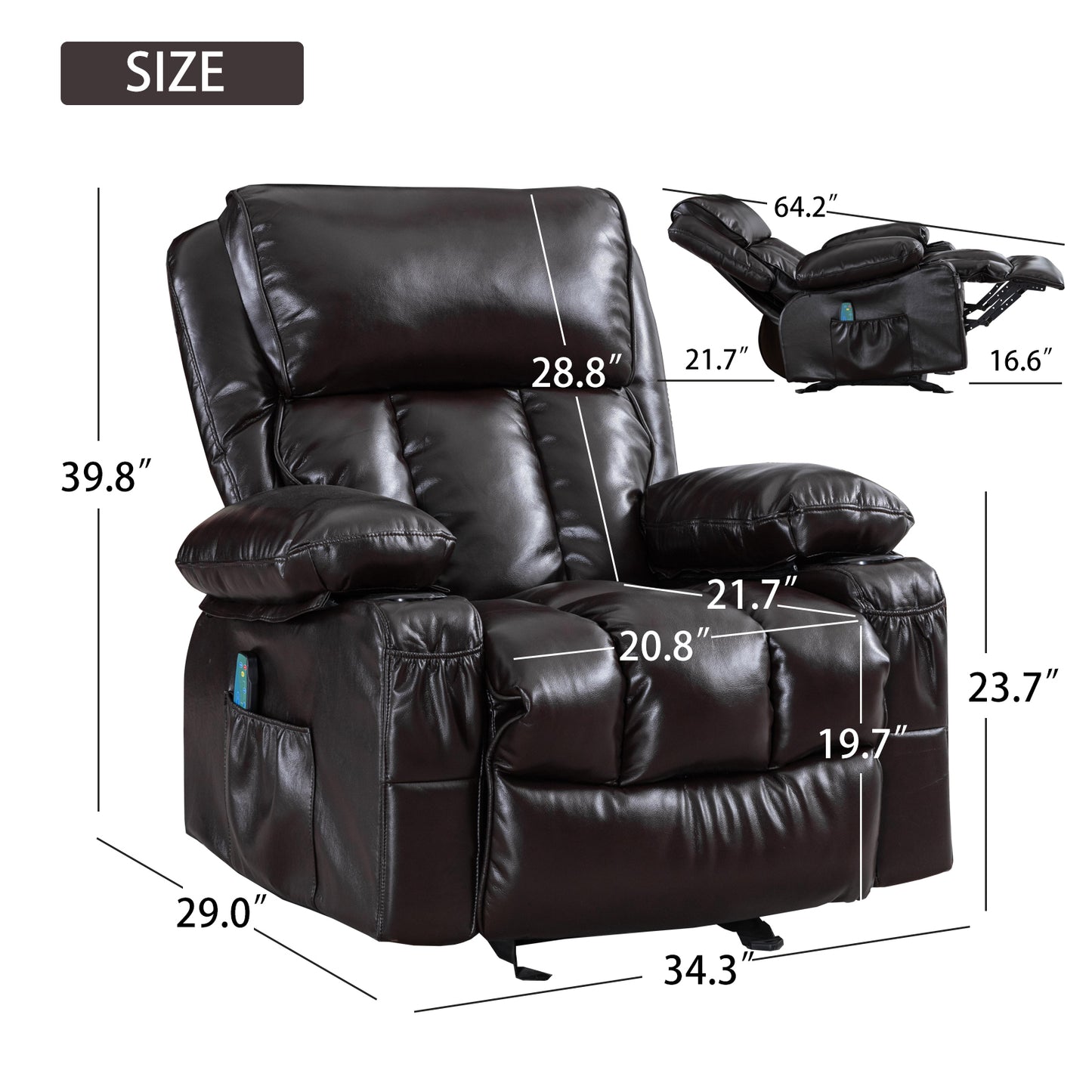 Recliner Chair Heating massage for Living Room with Rocking Function and Side Pocket(BROWN)