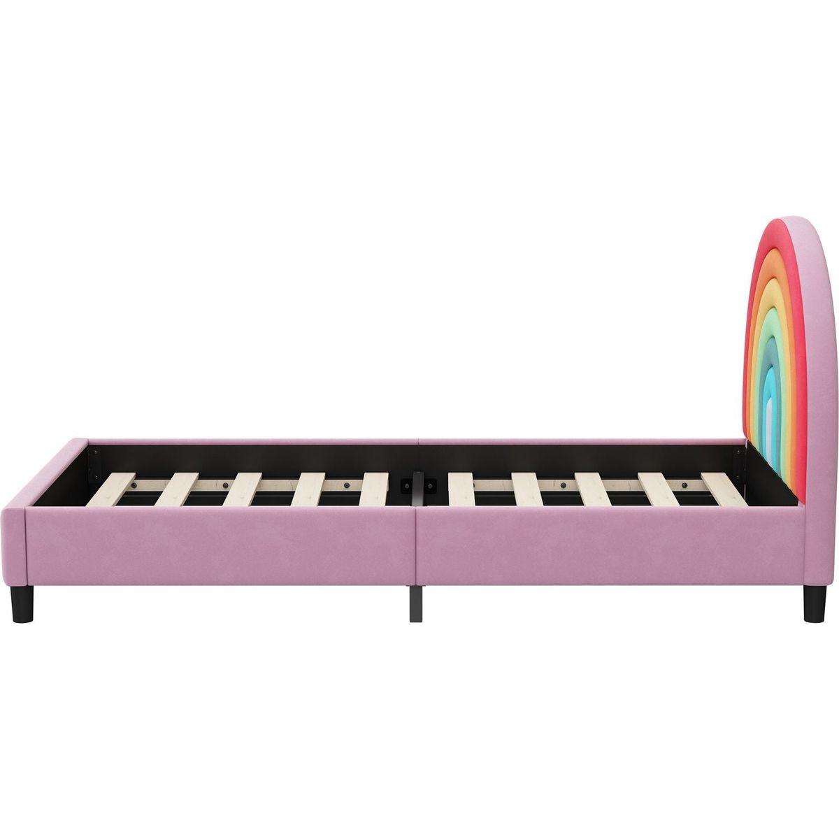 Rainbow Design Upholstered Twin Platform Bed Cute Style Princess Bed for Boys & Girls, Teens, Colorful & Pink