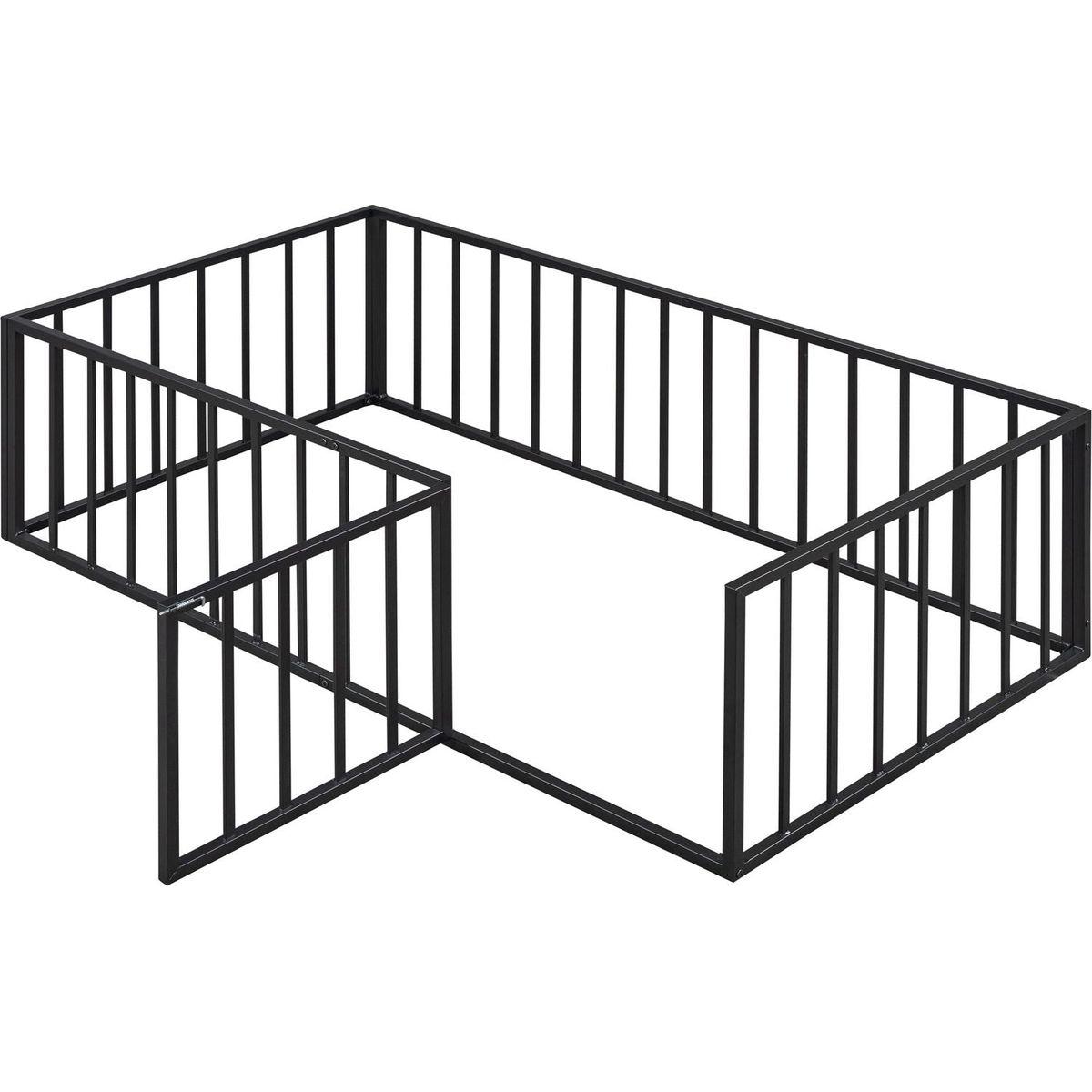 Twin Size Metal Floor Bed Frame with Fence and Door, Black