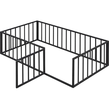 Twin Size Metal Floor Bed Frame with Fence and Door, Black