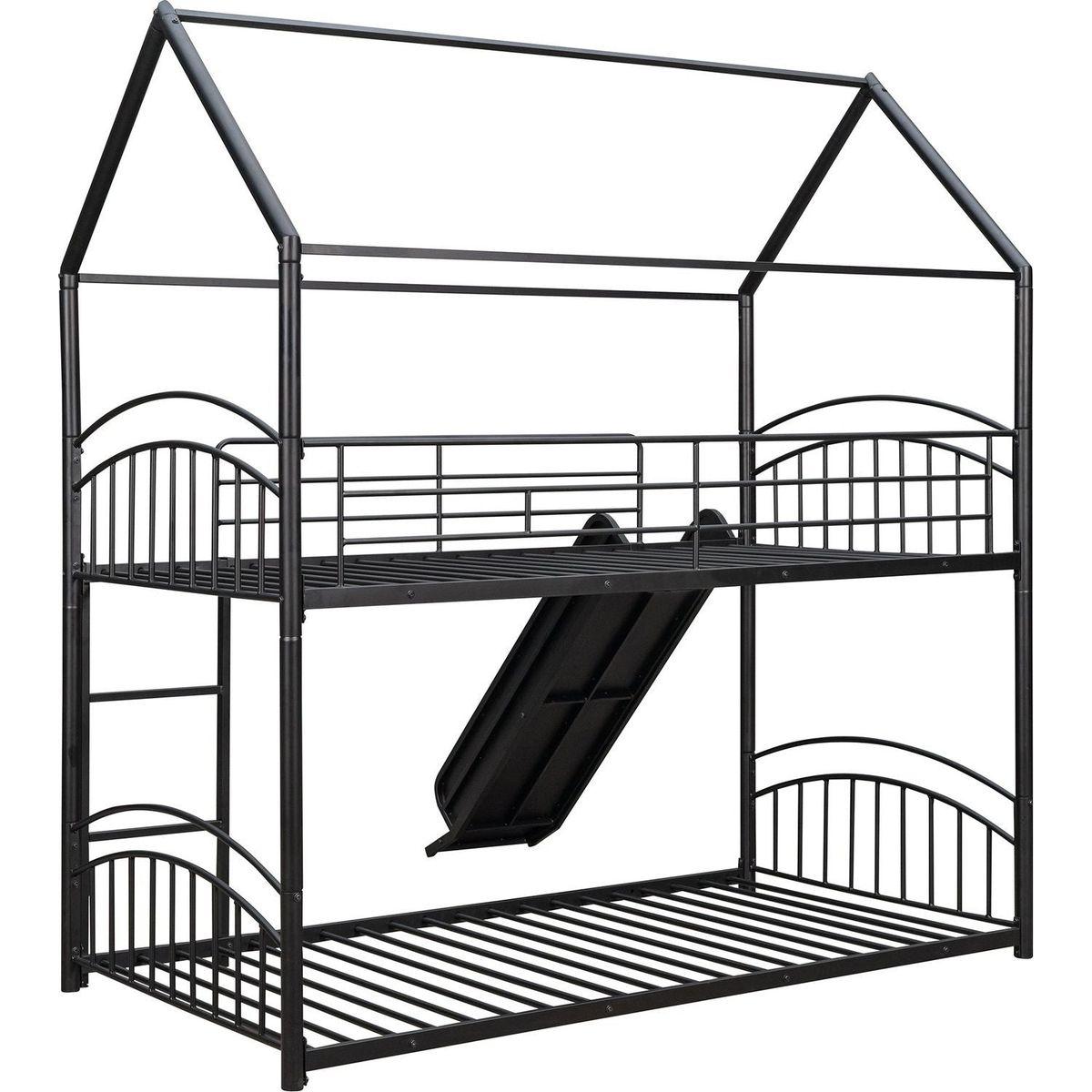 Twin Over Twin Metal Bunk Bed With Slide,Kids House Bed Black