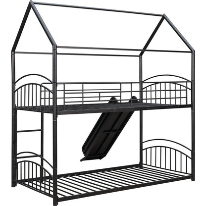 Twin Over Twin Metal Bunk Bed With Slide,Kids House Bed Black