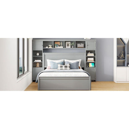 Queen Size Wooden Bed With All-in-One Cabinet, Shelf and Sockets, Gray