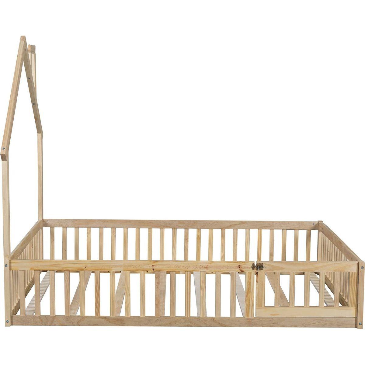 Wood Full Size House Platform Bed with Guardrail, Natural