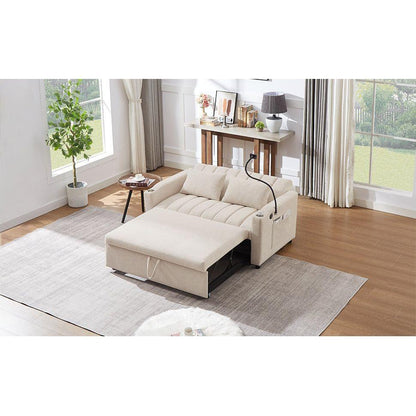 55.9" Convertible Sofa Bed Loveseat Sofa with Three USB Ports, Two Side Pockets, Two Cup Holders and 360Swivel Phone Holder for Living Room, Beige