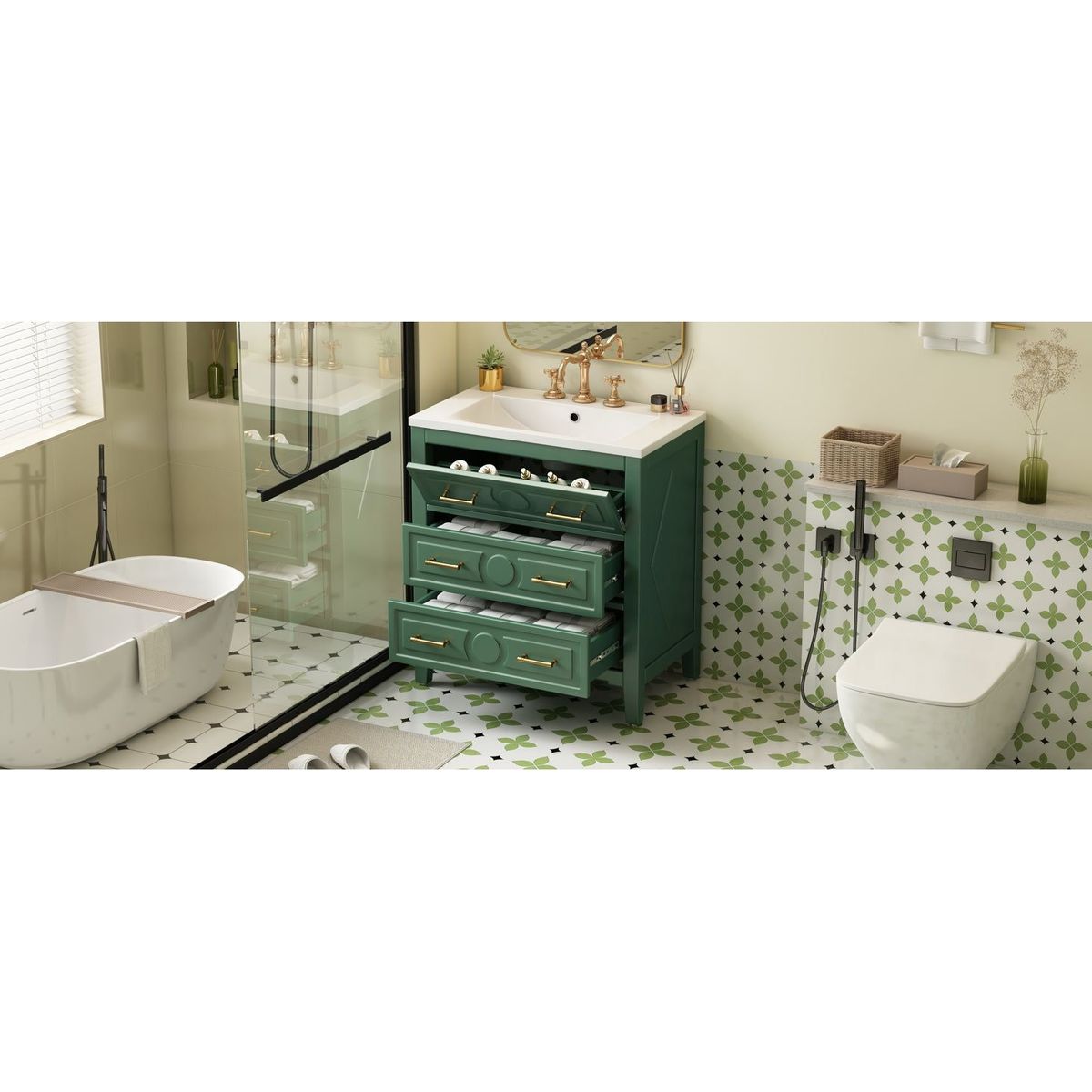 30" Bathroom Vanity with Resin Sink Combo, Free Standing Single Vanity Set with 3 Drawers, Solid Wood Frame Bathroom Storage Cabinet, Green