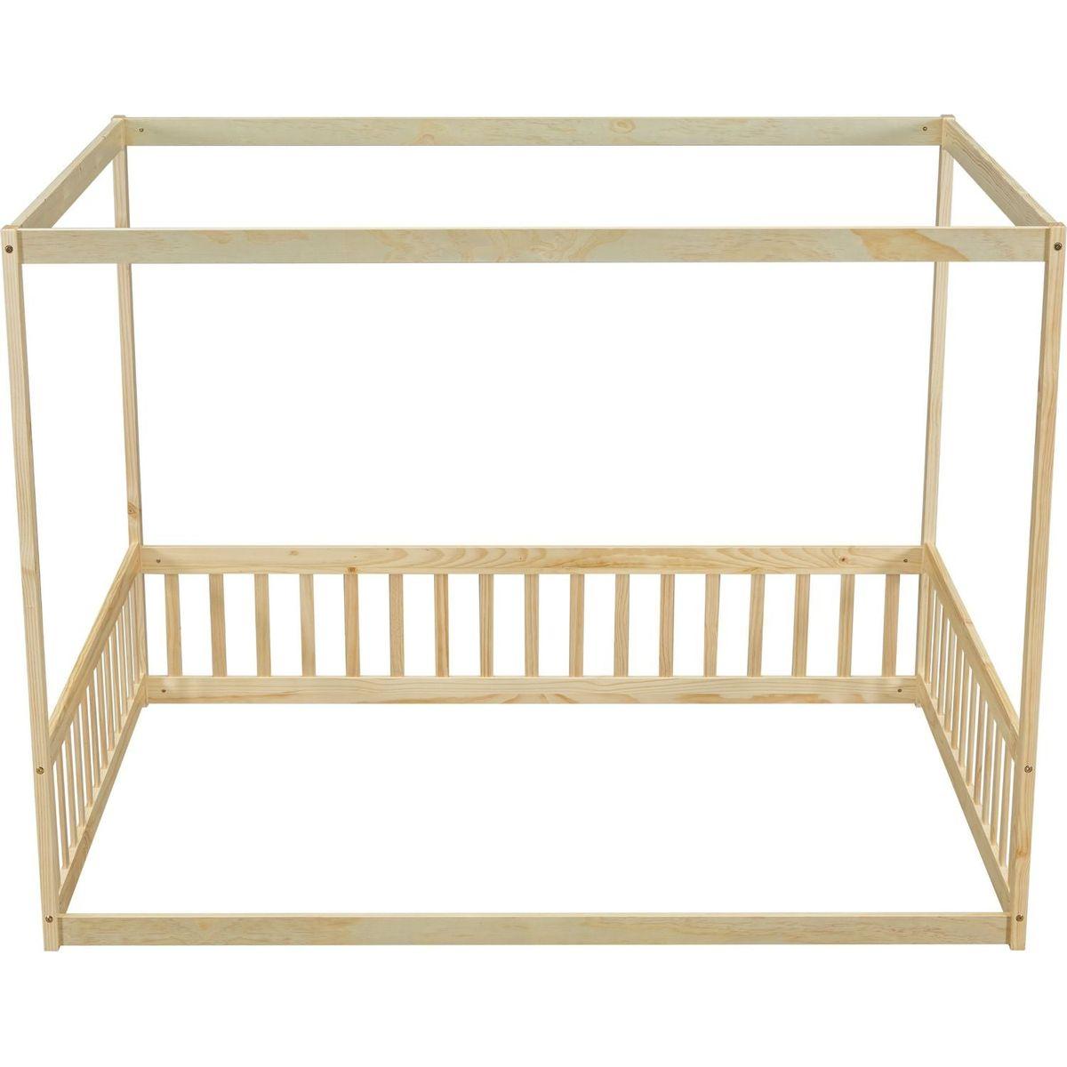 Full Size Canopy Frame Floor Bed with Fence, Guardrails,Natural