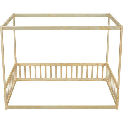 Full Size Canopy Frame Floor Bed with Fence, Guardrails,Natural