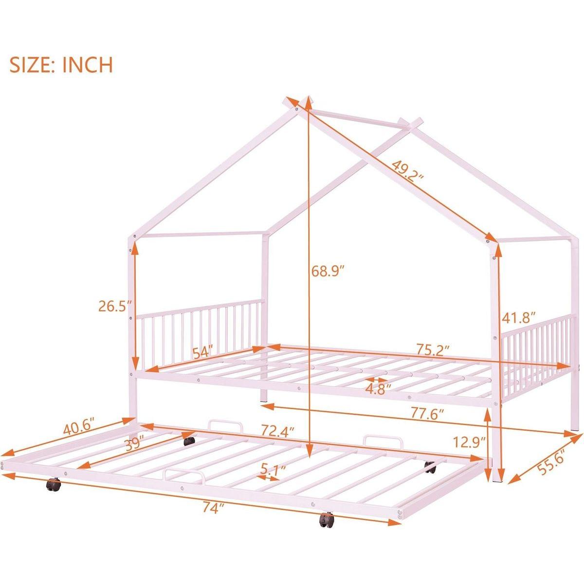 Full Size Metal House Bed with Twin Size Trundle, Pink