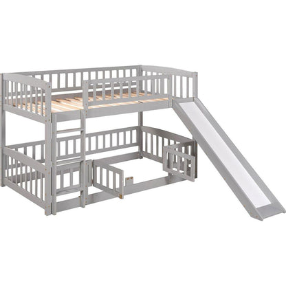 Bunk Bed with Slide,Twin Over Twin Low Bunk Bed with Fence and Ladder for Toddler Kids Teens Grey