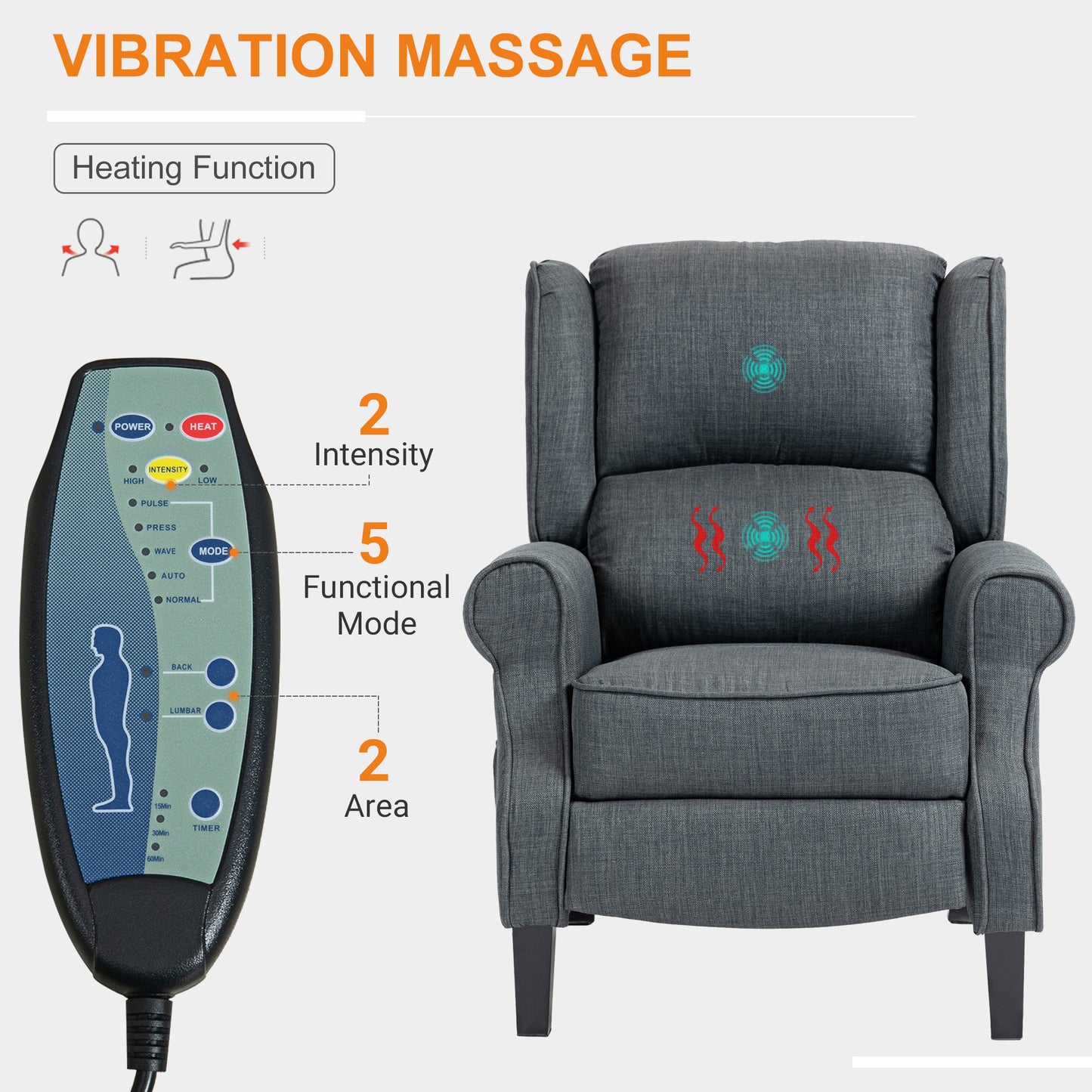 Vibrating Massage Recliner Chair for Living Room, Reclining Wingback Single Sofa with Heat, Linen Fabric Push Back Accent Chair with Footrest, Side Pocket, Charcoal Gray