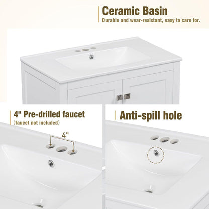 30" White Bathroom Vanity with Single Sink, Combo Cabinet Undermount Sink, Bathroom Storage Cabinet with 2 Doors and a Drawer, Soft Closing, Multifunctional Storage, Solid Wood Frame