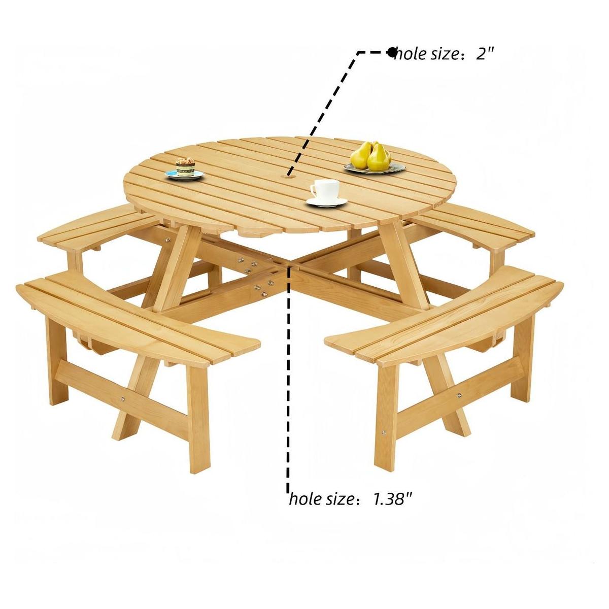 Outdoor 8 Person Picnic Table, 8 person Round Picnic Table with 4 Built-in Benches, Umbrella Hole, Outside Table and Bench Set for Garden, Backyard, Porch, Patio, Natural