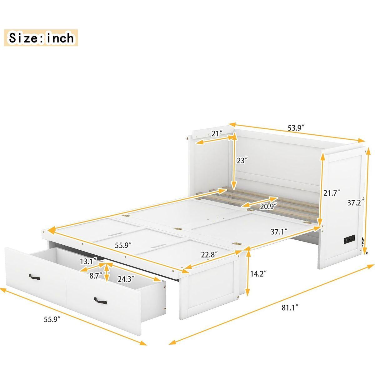 Full Size Murphy Bed with USB Port and a Large Drawer, White