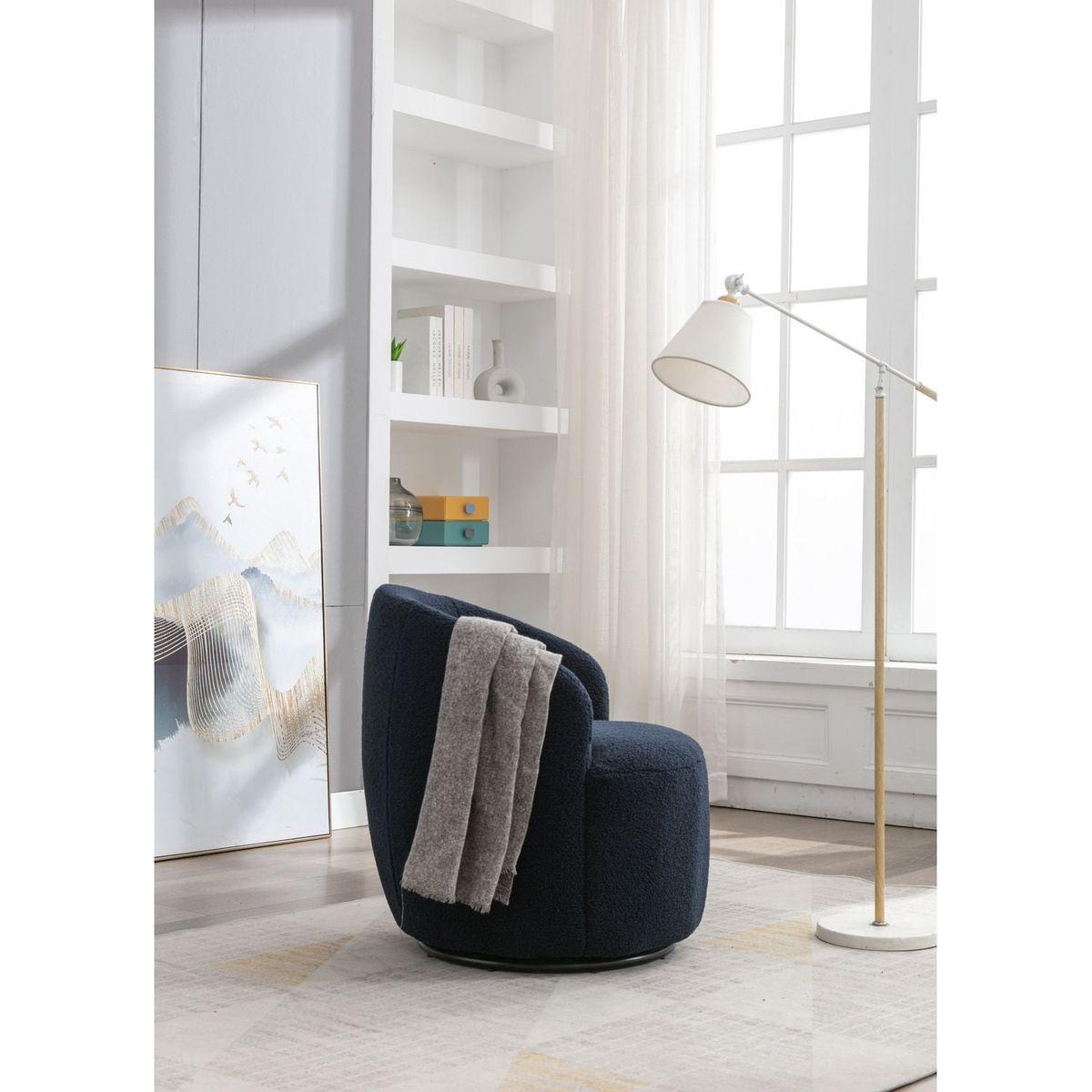 Teddy Fabric Swivel Accent Armchair Barrel Chair With Black Powder Coating Metal Ring,Dark Blue