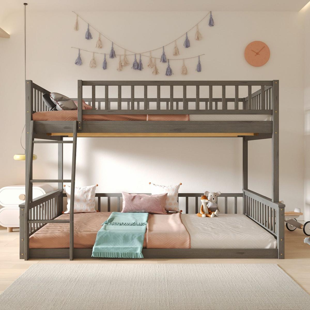 Full XL over Queen Bunk Bed with Ladder and Guardrails, Gray