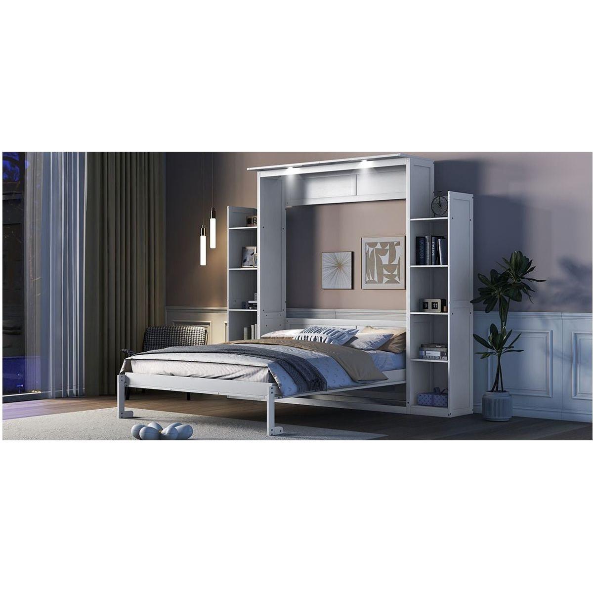 Queen Size Murphy Bed Wall Bed with Shelves and LED Lights,White