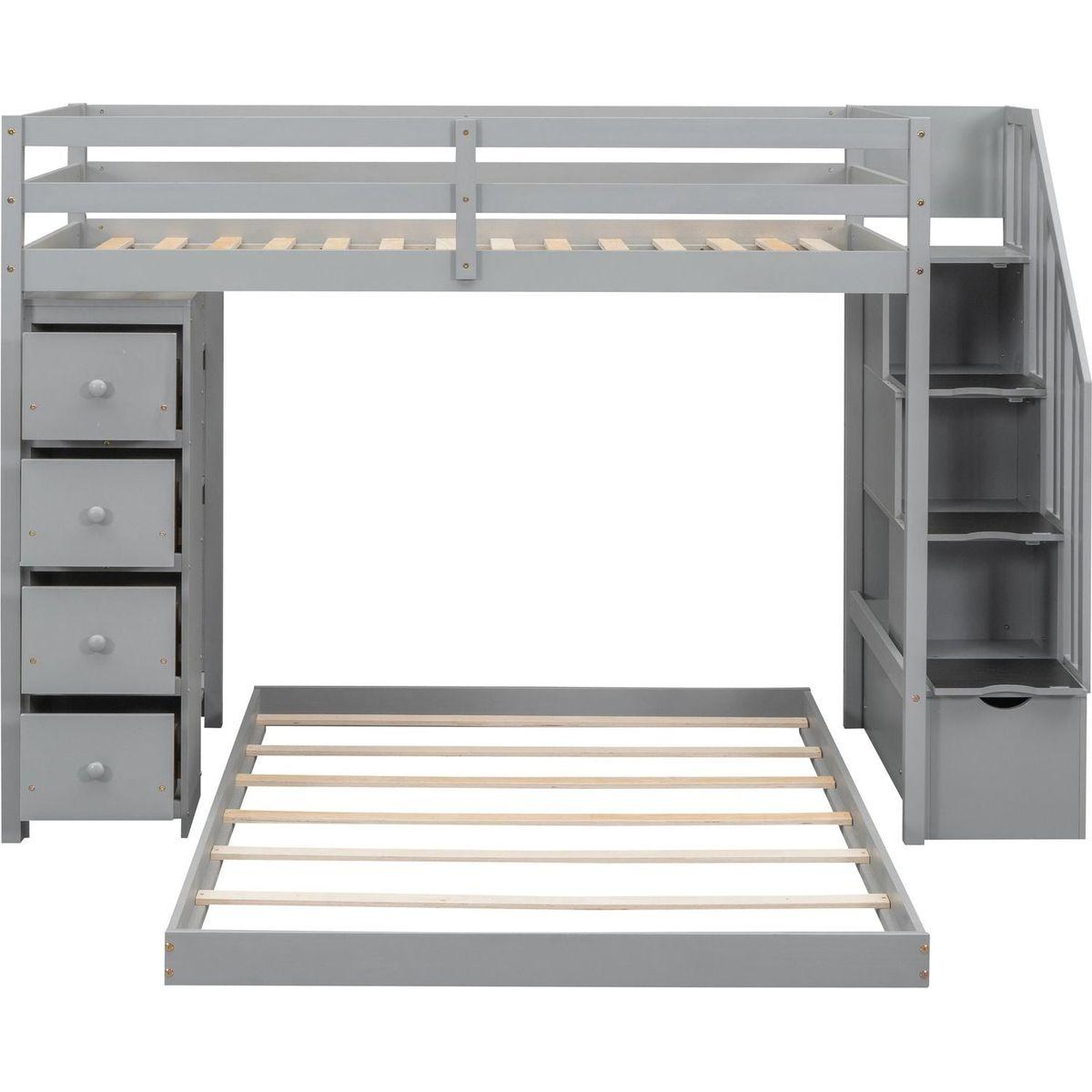 Twin Over Full Bunk Bed with 3-layer Shelves, Drawers and Storage Stairs, Gray