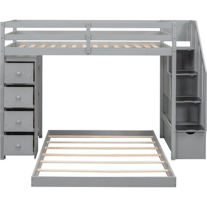 Twin Over Full Bunk Bed with 3-layer Shelves, Drawers and Storage Stairs, Gray