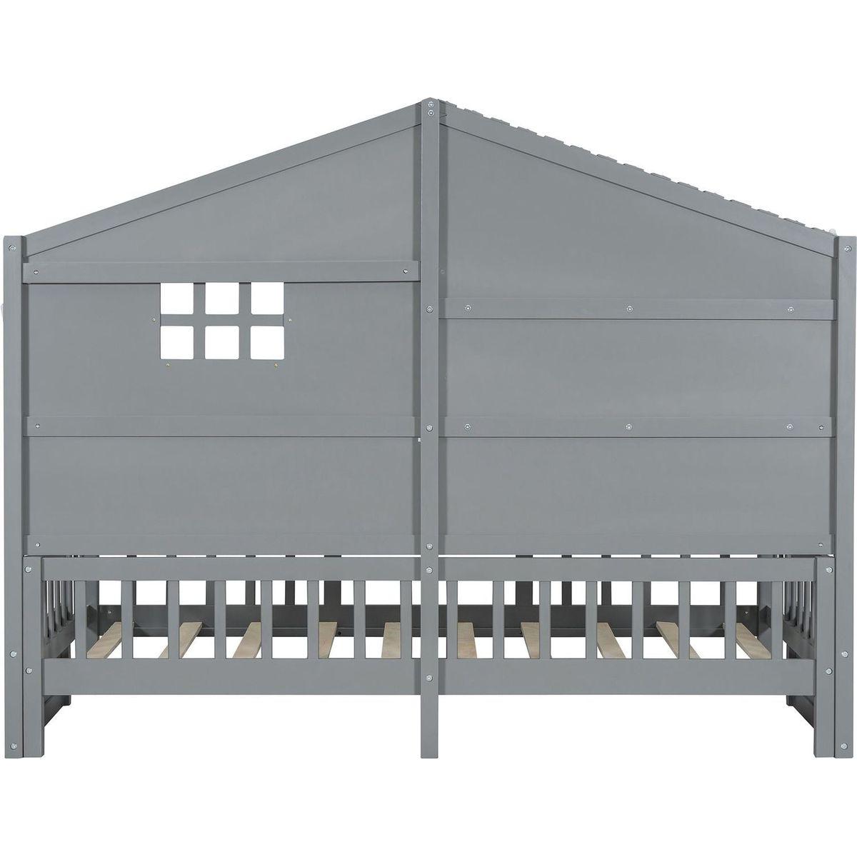 Twin Size House Bed with Shelves, House Bed with Window and Sparkling Light Strip on the Roof, Gray