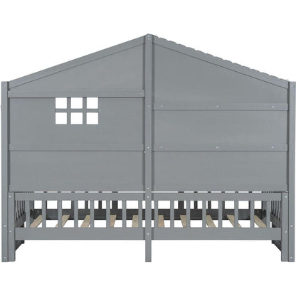 Twin Size House Bed with Shelves, House Bed with Window and Sparkling Light Strip on the Roof, Gray