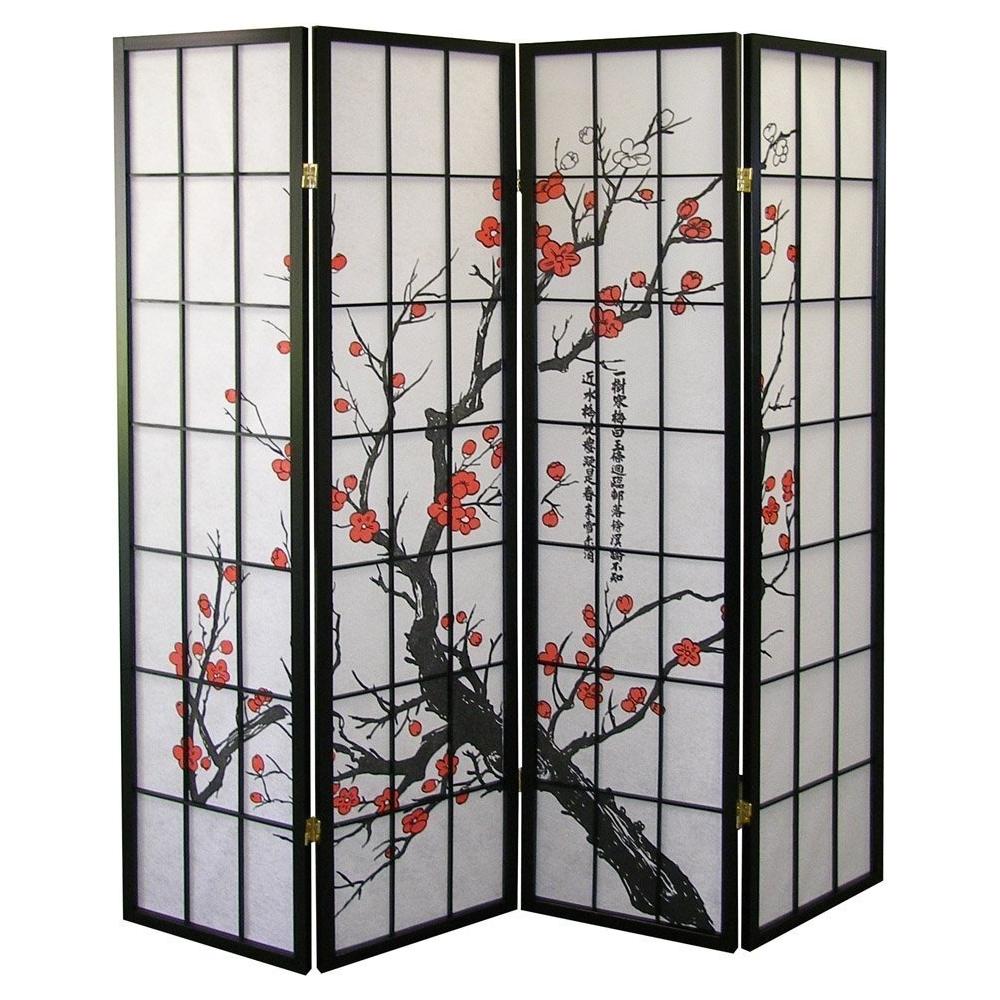 Black Japanese 4-Panel Screen Room Divider, Plum Blossom