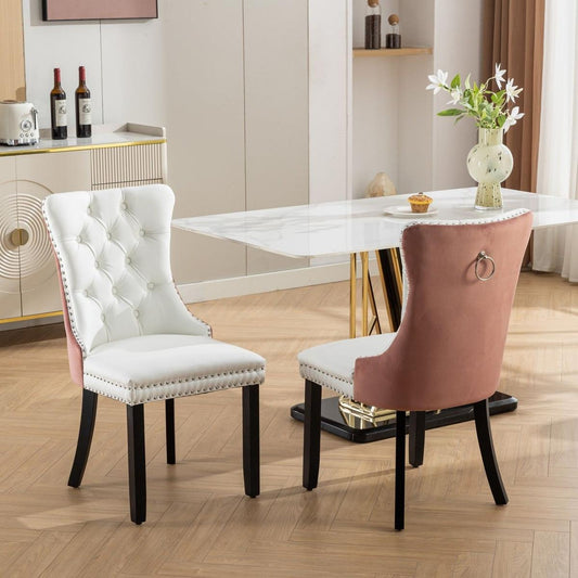 Nikki Collection Modern, High-end Tufted Solid Wood Contemporary PU and Velvet Upholstered Dining Chair with Wood Legs Nailhead Trim 2-Pcs Set, White+Pink
