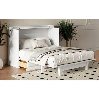 Solid Pine Murphy Bed Chest Cube Cabinet Bed with Charging Station and Large Storage Drawer for Home Office or Small Room,Full,White