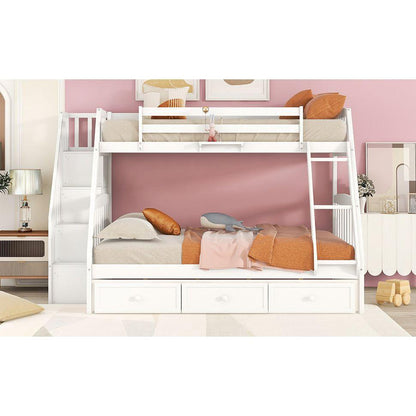 Twin-Over-Full Bunk Bed with Drawers氓Ladder and Storage Staircase, White