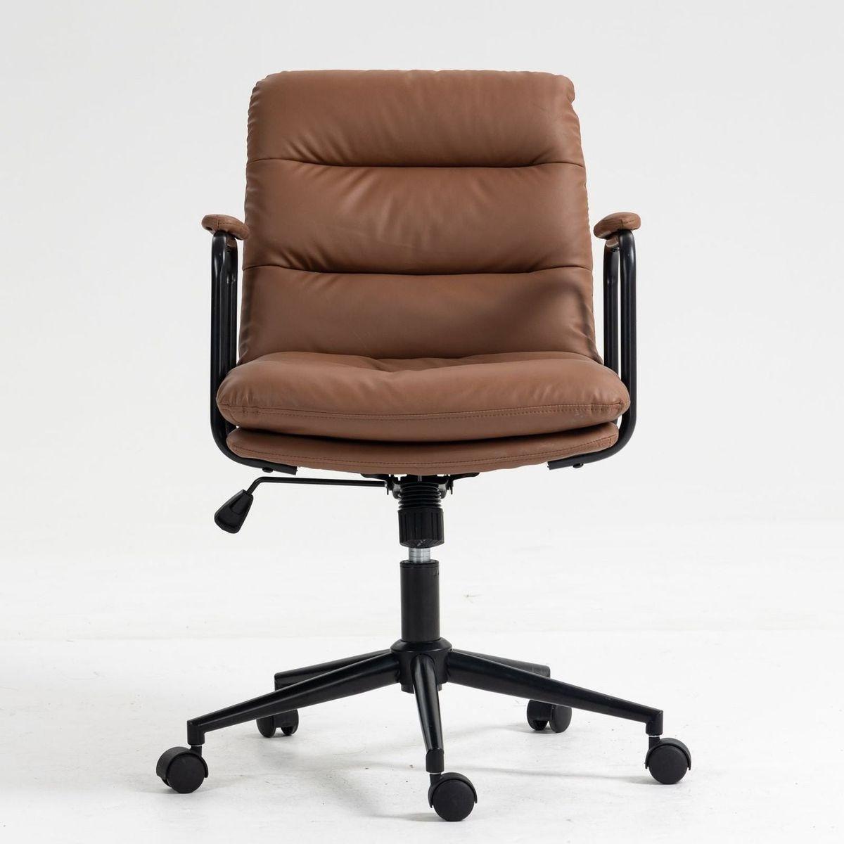 Office Chair,Mid Back Home Office Desk Task Chair with Wheels and Arms Ergonomic PU Leather Computer Rolling Swivel Chair with Padded Armrest,The back of the chair can recline 40 (Brown)