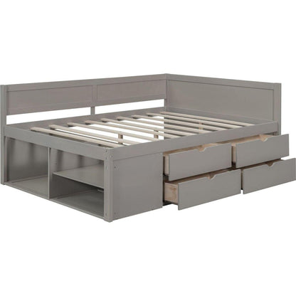 Full Size Daybed with Drawers and Shelves, Gray