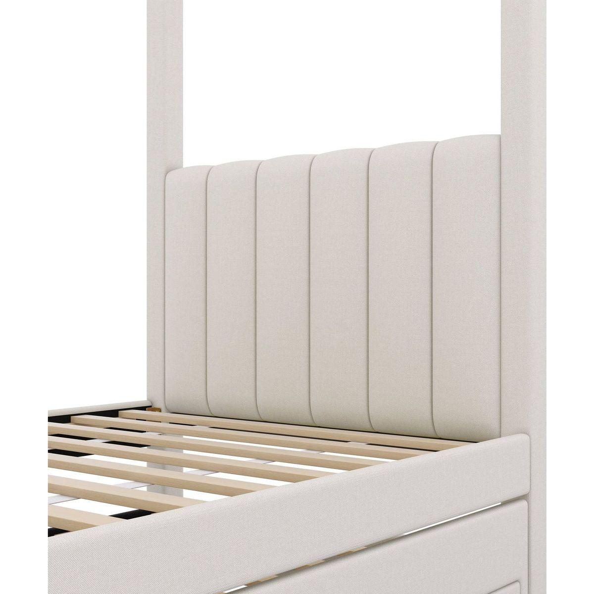 Twin Size Upholstery Canopy Platform Bed with Trundle and Three Storage Drawers, Beige