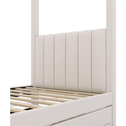 Twin Size Upholstery Canopy Platform Bed with Trundle and Three Storage Drawers, Beige