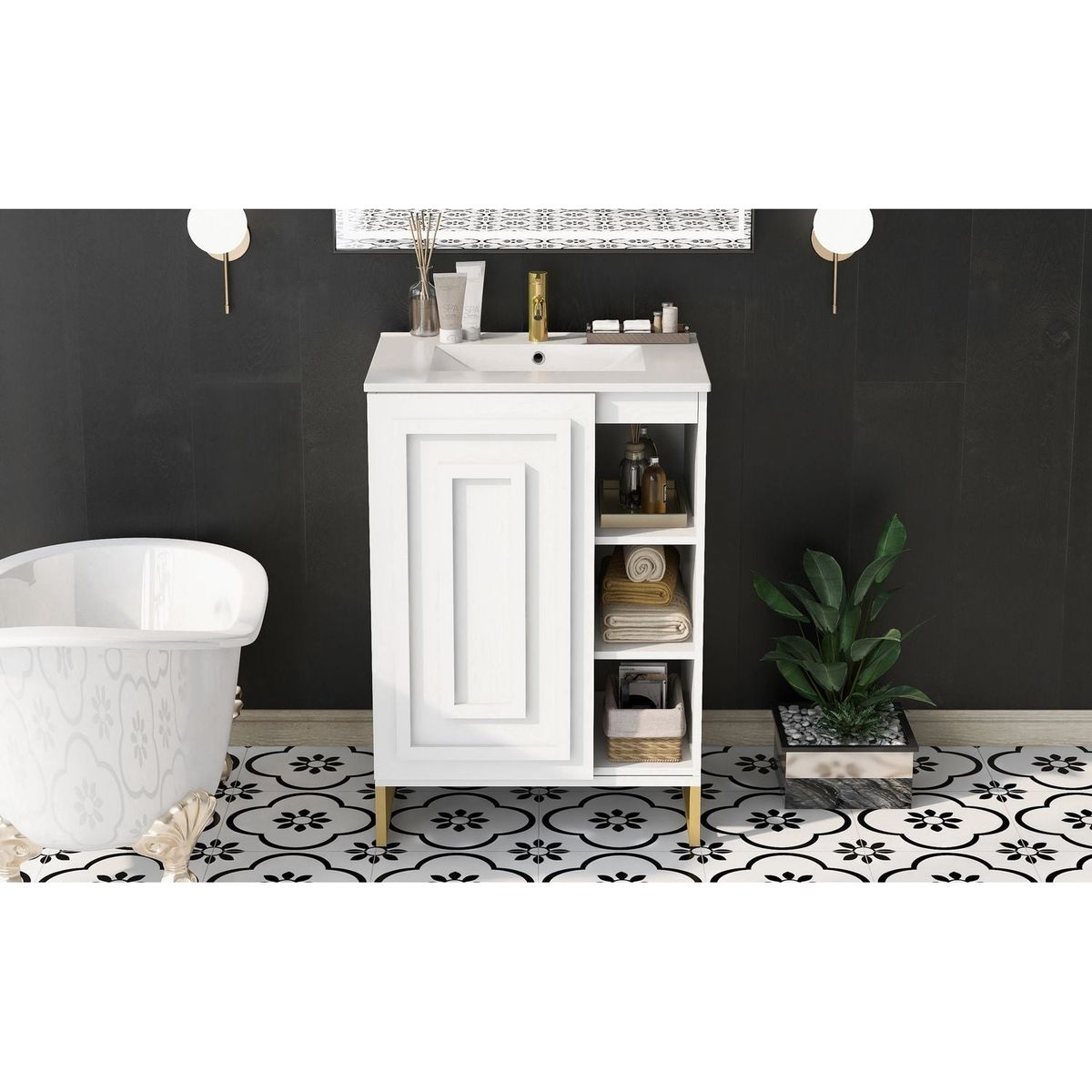 24inch White Bathroom Vanity Sink Combo for Small Space, Modern Design with Ceramic Basin, Gold Legs and Semi-open Storage(Faucet Not Included)