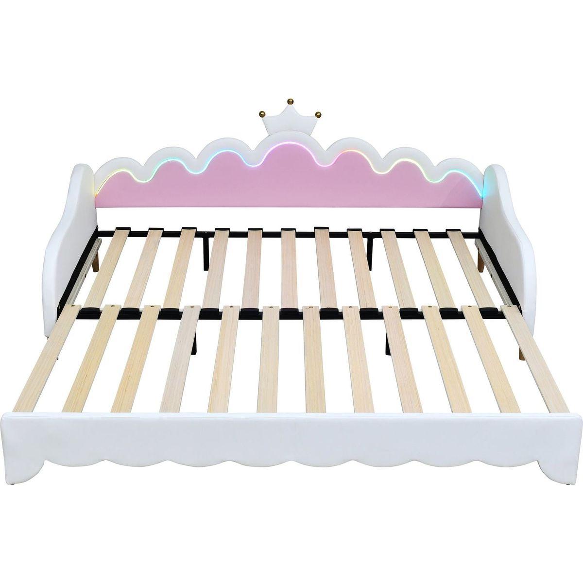 Twin Extending Daybed with LED Lights, Modern Upholstered Princess Daybed With Crown Headboard,White - Streamdale Furniture