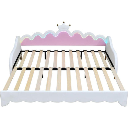 Twin Extending Daybed with LED Lights, Modern Upholstered Princess Daybed With Crown Headboard,White - Streamdale Furniture