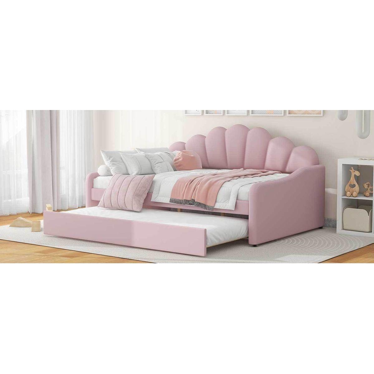 Full Size Upholstery Daybed Frame with Shall Shaped Backrest and Trundle,Pink