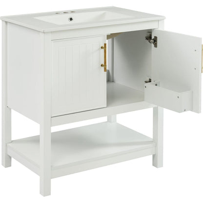 30-Inch White Bathroom Vanity with Ceramic Sink and Versatile Storage - Ideal for Small Bathrooms