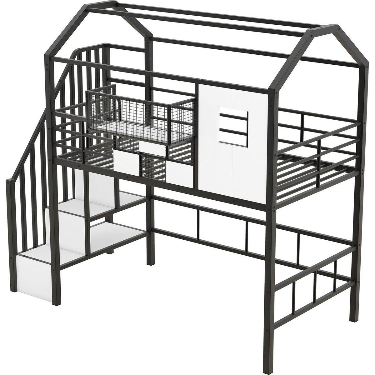 Metal Loft Bed with roof design and a storage box, Twin, Black