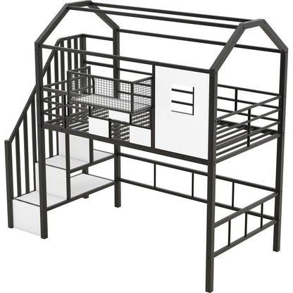 Metal Loft Bed with roof design and a storage box, Twin, Black