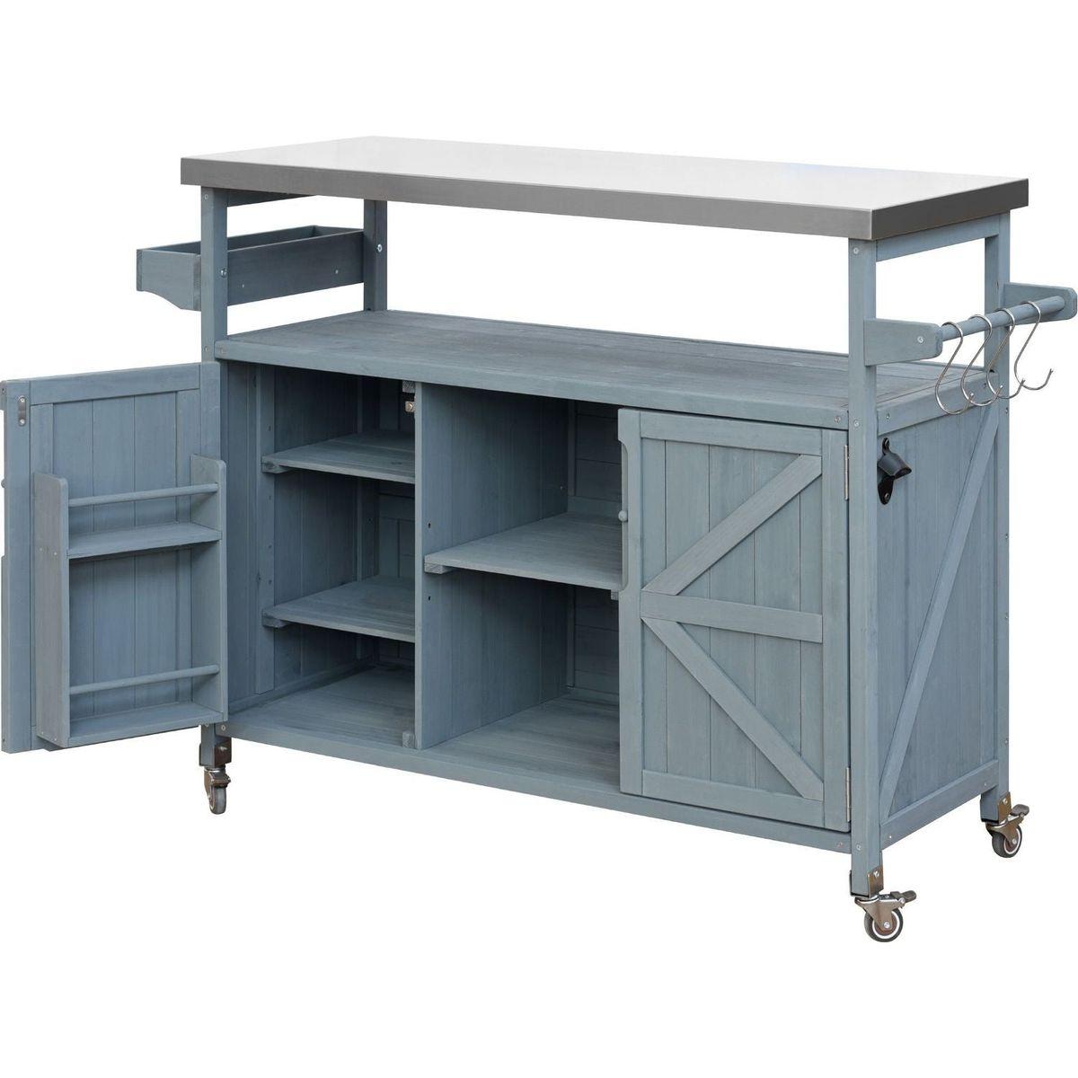 Outdoor Kitchen Island, Rolling Bar Cart & Storage Cabinet, Farmhouse Solid Wood Outdoor Grill Table with Stainless Steel Top, Spice Rack, Towel Rack for Kitchen & BBQ, Grey Blue