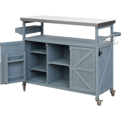 Outdoor Kitchen Island, Rolling Bar Cart & Storage Cabinet, Farmhouse Solid Wood Outdoor Grill Table with Stainless Steel Top, Spice Rack, Towel Rack for Kitchen & BBQ, Grey Blue