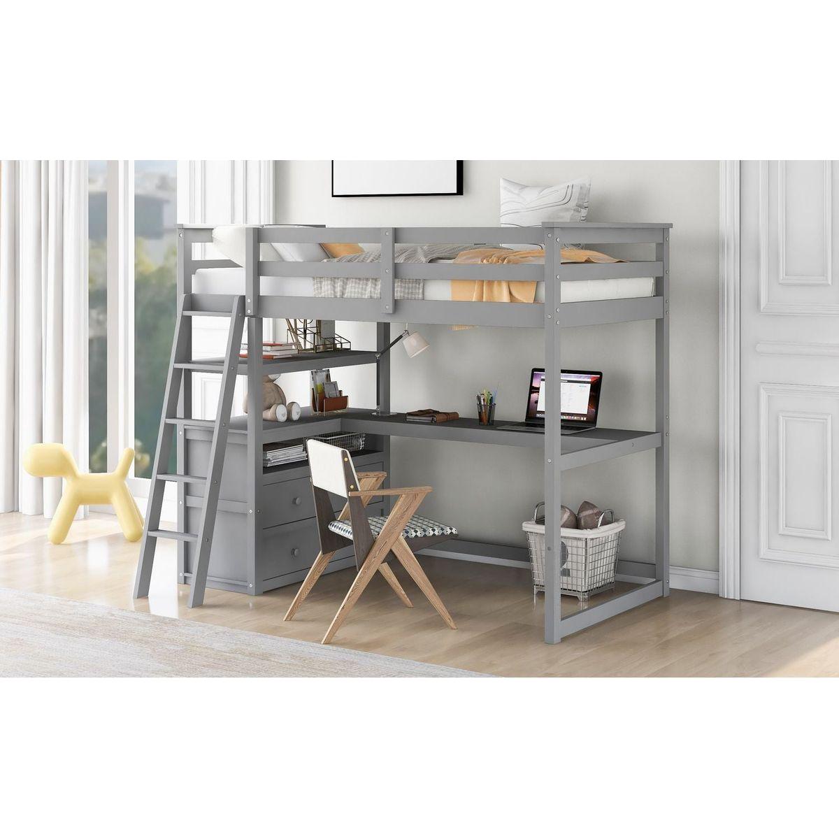 Twin Size Loft Bed with Desk and Shelves, Two Built-in Drawers, Gray